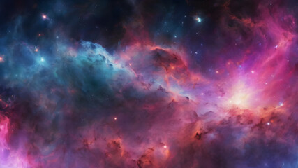 Naklejka premium Colorful space galaxy cloud nebula. Stary night cosmos, close up of vibrant nebula in the night sky, view from outer space background, colorful abstract nebula space galaxy, fantastic supernova