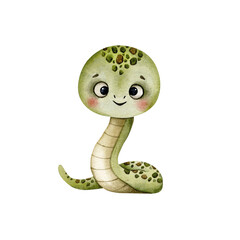 New Years Christmas hand drawn illustration in watercolor with cute little snake. Year of the snake, cute cartoon snake painted in watercolor