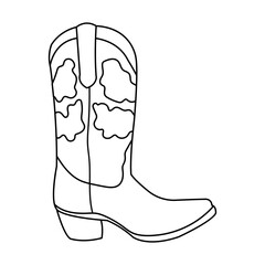 a black and white illustration of a cowboy boot. a Coloring page with a western style shoe. Wild west clipart.