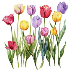 Obraz premium Colorful watercolor illustration of blooming tulips in various shades, capturing the beauty and elegance of spring flowers.