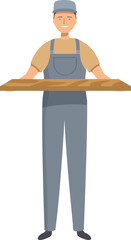 Smiling carpenter holding wooden plank, character wearing overalls and cap is busy working