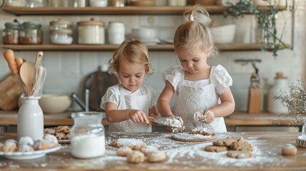 Fototapeta premium Little chefs baking cookies together in a bright, minimal kitchen