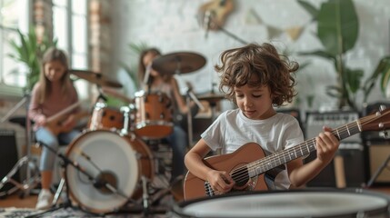 Fototapeta premium Little musicians playing instruments in a minimalistic music room
