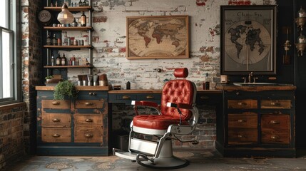 Barbershop with barber chairs Vintage style in Wooden Interior and classic decoration