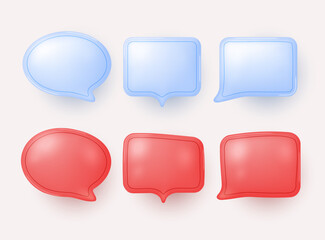 Collection of speech bubbles in red and blue colors. Chat dialogue or text in modern 3D style isolated on a light background.