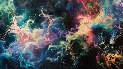 Vivid Histone cosmic landscape with swirling colorful abstract art resembling nebulas and galaxies. Perfect for backgrounds and digital projects.