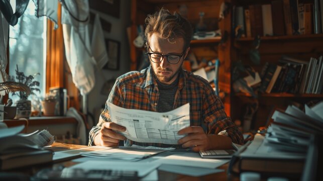 Young man intently reading documents at a cluttered desk in a cozy home office, filled with books and natural light from the window.