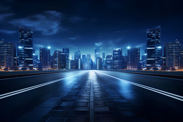 asphalt road leading into the city at night