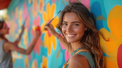 A young woman with a radiant smile painting a colorful mural with flowers, enjoying the artistic activity on a bright, sunny day.