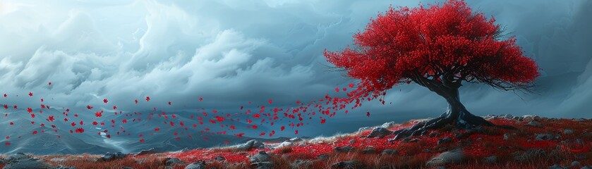 A vibrant red tree shedding its leaves on a windy hillside, with a cloudy sky in the background, Surreal, Digital Art, Soft Colors, High Detail 8K , high-resolution, ultra HD,up32K HD