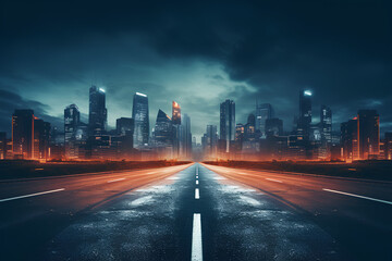asphalt road leading into the city at night