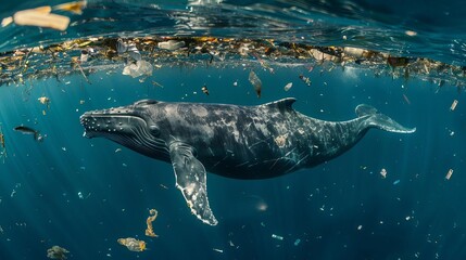 Naklejka premium A whale swimming through an ocean filled with floating refuse, highlighting the environmental pollution crisis, isolated against a deep blue sea background, copy space