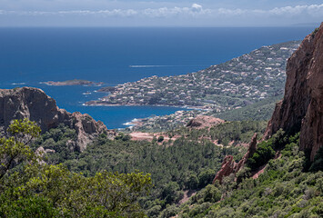 Massif de l'Esterel, a volcanic mountain range on the Mediterranean Sea coast on the French Riviera, located near Cannes on the east and Saint-Rafael on the west, France