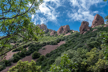 Massif de l'Esterel, a volcanic mountain range on the Mediterranean Sea coast on the French Riviera, located near Cannes on the east and Saint-Rafael on the west, France