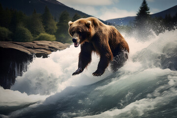 Bear about to catch salmon in mouth on Brooks Falls in Alaska