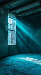 Obraz premium Empty room with beams and shadows from window, abstract grunge style concrete blank studio background, cross glowing, green purple spotlight dark scene for product display, illuminated interior backgr