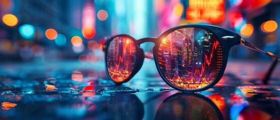 Financial graphs mirrored in sunglasses, set against a colorful, neonlit cityscape, capturing a dynamic market perspective, Futuristic, Digital Art, Bright Tones, High Definition 8K , high-resolution,