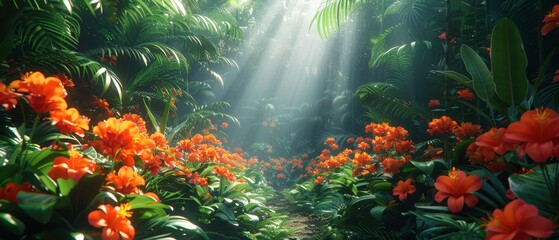 A tropical rainforest teeming with exotic plants and vivid flowers. 