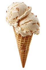 Close-up of a delicious vanilla ice cream cone with two scoops on a white background, transparent background