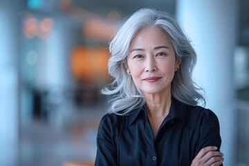 Obraz premium Asian senior business woman in formal shirt, smile in modern office
