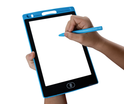 child hand drawing on tablet blank screen with pencil isolated on transparent background. PNG File
