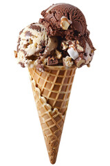 Delicious ice cream cone with chocolate and vanilla scoops, topped with nuts and mini marshmallows, transparent background