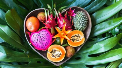 Exotic fruits in a heart-shaped bowl, with dragon fruit, starfruit, and lychee, set against a tropical leaf background.