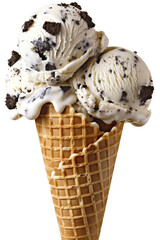 Delicious Oreo ice cream scoops placed in a crispy waffle cone, transparent background