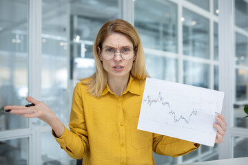 Businesswoman expressing confusion while analyzing a stock market graph during a meeting in a...
