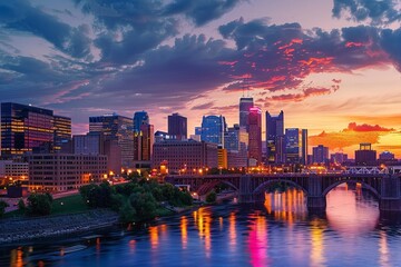 Naklejka premium Dramatic twilight hues illuminate the cityscape.