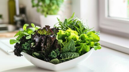 Heart-shaped bowl filled with a variety of leafy greens, including spinach, arugula, and kale, on a white kitchen counter.