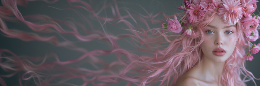 Beautiful white girl with long pink hair and wreath with flowers.