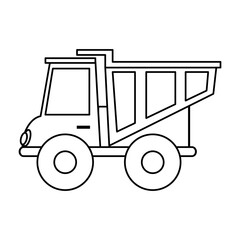 Black and white mining dump truck. Coloring page with construction machine. Stone transportation.