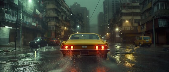 Fototapeta premium Yellow Car Driving Along The Evening City Street. Illustration On The Theme Of Cinema And Films. Generative AI 