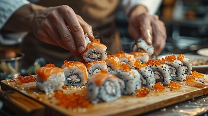 Close up of a sushi chef’s hands skillfully slicing fish and preparing sushi rolls on a wooden board