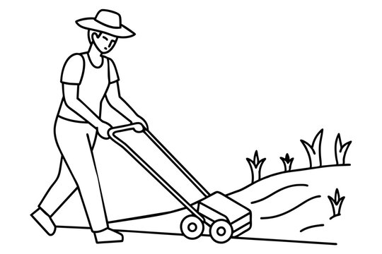 gardener mowing lawn, black and white clip art preview