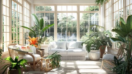 A bright and airy sunroom with large windows, comfortable seating, and lots of plants.