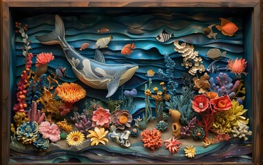 Naklejka premium Whale and fish in a colorful paper cut underwater scene