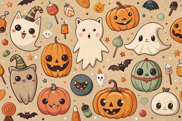 Obraz premium Cute Halloween-themed illustration with pumpkins, ghosts, and cats.