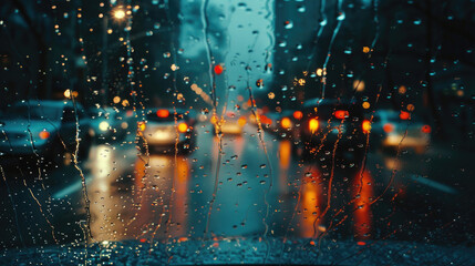 Obraz premium Urban Traffic Seen Through Rain-Speckled Car Windshield