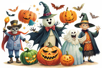 Group of children in creative Halloween costumes, smiling and holding pumpkins.