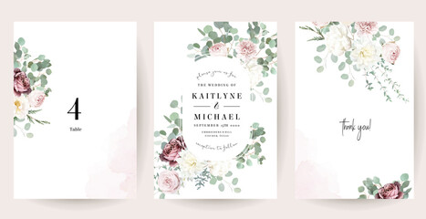 Silver sage green and blush pink flowers vector design frames. Dusty rose, white carnation, mauve rose, ranunculus, eucalyptus, greenery. Wedding floral garland. Watercolor. Isolated and editable