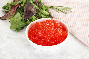 Red caviar in the bowl