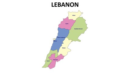 Lebanon Map. State and union territories of Lebanon. Detailed colourful Political map of Lebanon with Country capital and important cities. Political map of Lebanon with neighbouring country.