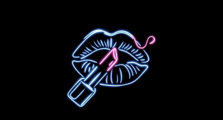 Neon lips with lipstick. Continuous one line drawing of lipstick on lips.