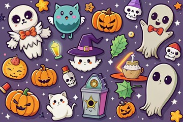 Halloween-themed stickers with skeletons, pumpkins, and a cute white cat.