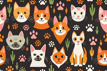 Obraz premium Pattern of cute cat faces with various plants and abstract elements.
