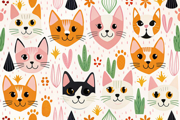 Pattern of cute cat faces with various plants and abstract elements.