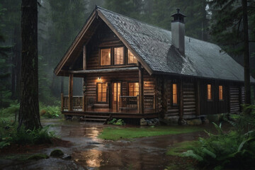 Rustic Wooden Cabin in the middle of a Dense Forest of pine trees, remote cabin traditional chimney in the countryside, lights on, camping getaway