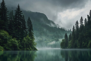Photorealistic Image of a Serene lake with rain softly falling on its surface